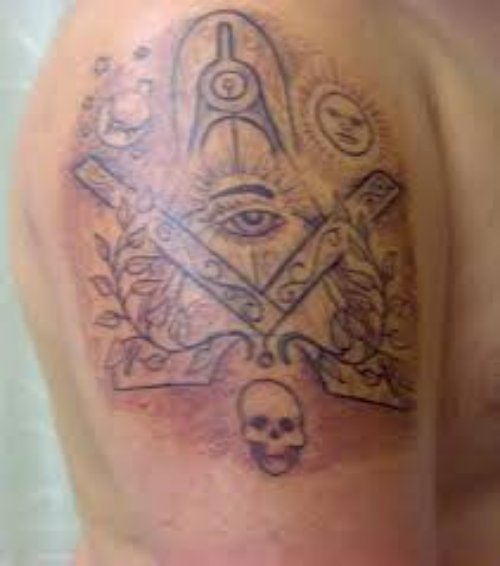 Grey Ink Geometric and Illuminati Eye Tattoo On Half Sleeve